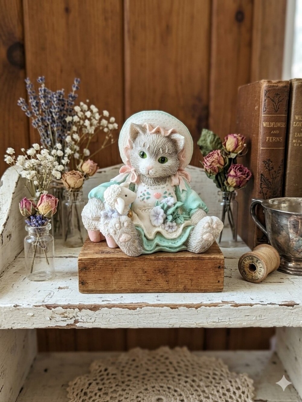 Vintage 1993 Calico Kittens "Blossoms of Friendship" Figurine Lamb Cottagecore
